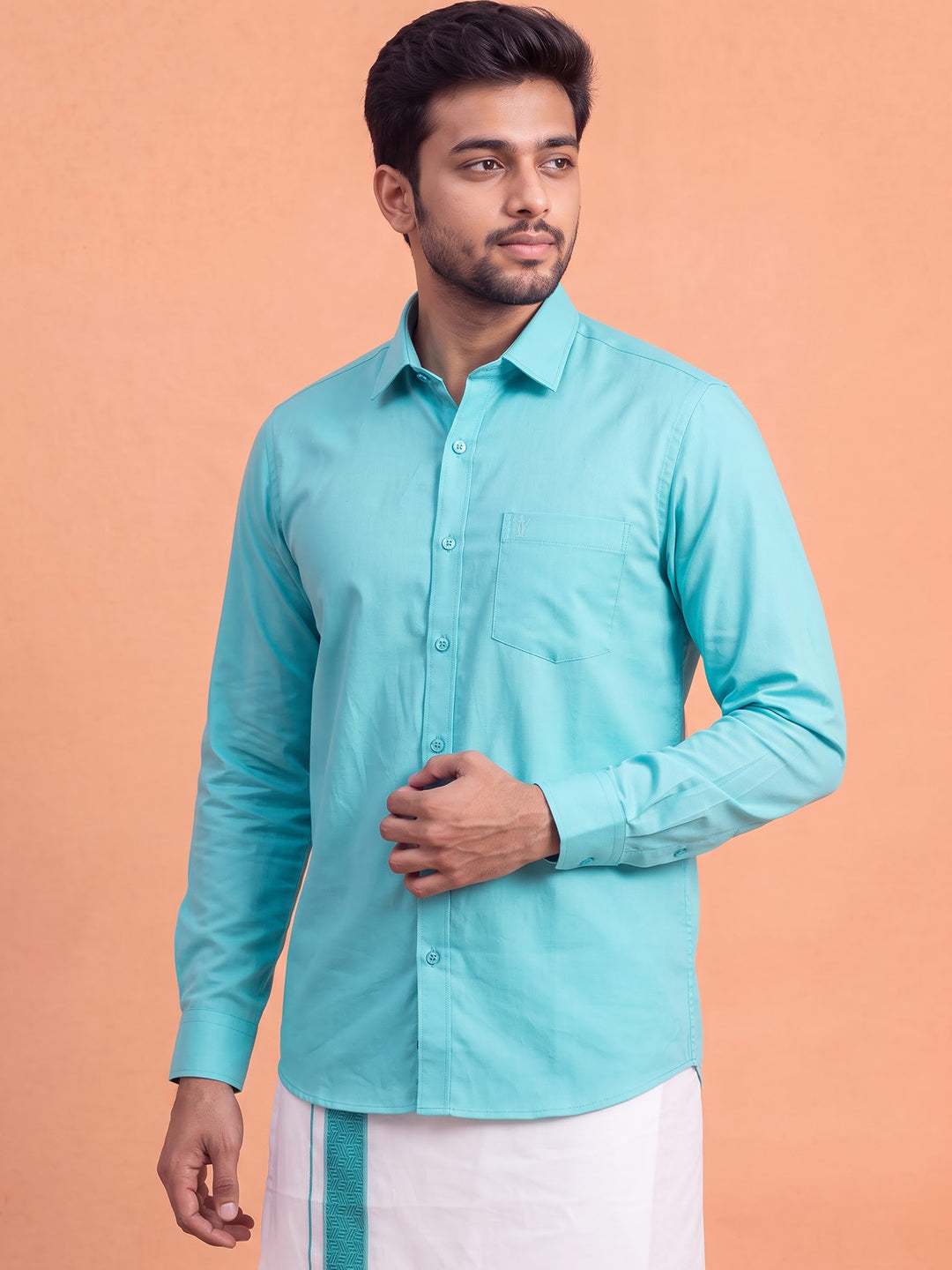 100% Cotton Sky Blue Shirt and Colour Jari Border Dhoti Set BT5