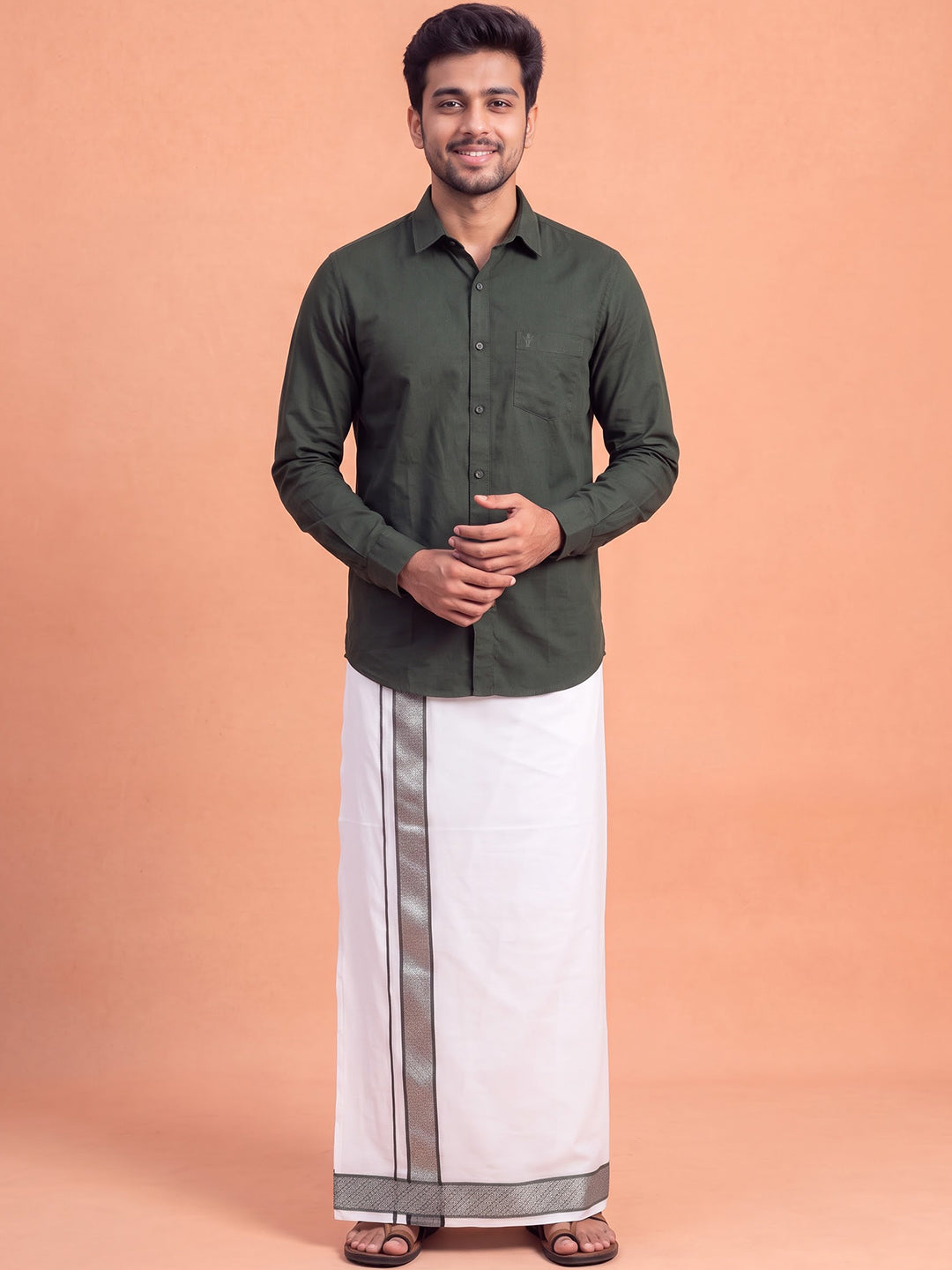 100% Cotton Dark Green Shirt and Colour Jari Border Dhoti Set BT10