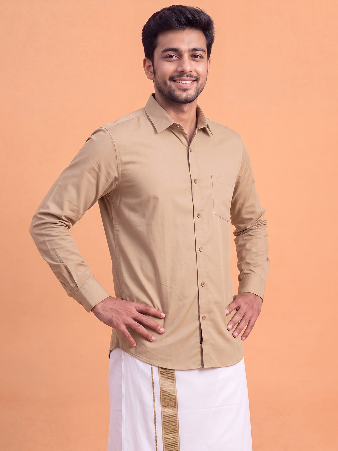 100% Cotton Brown Shirt and Colour Jari Border Dhoti Set BT1