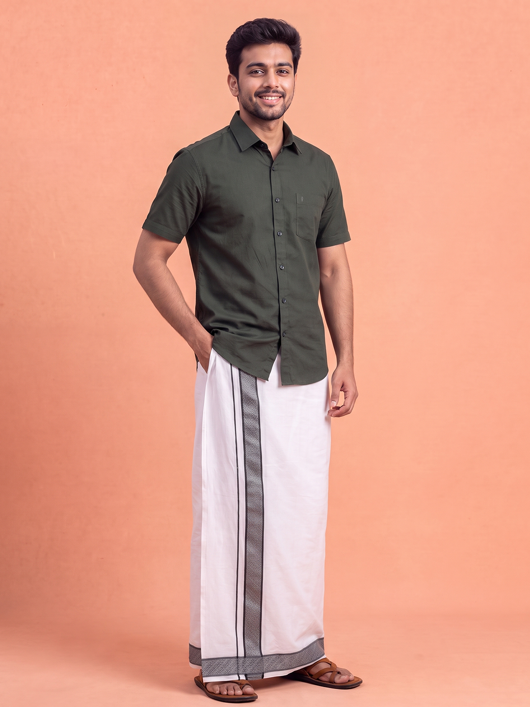 100% Cotton Dark Green Shirt and Colour Jari Border Dhoti Set BT10