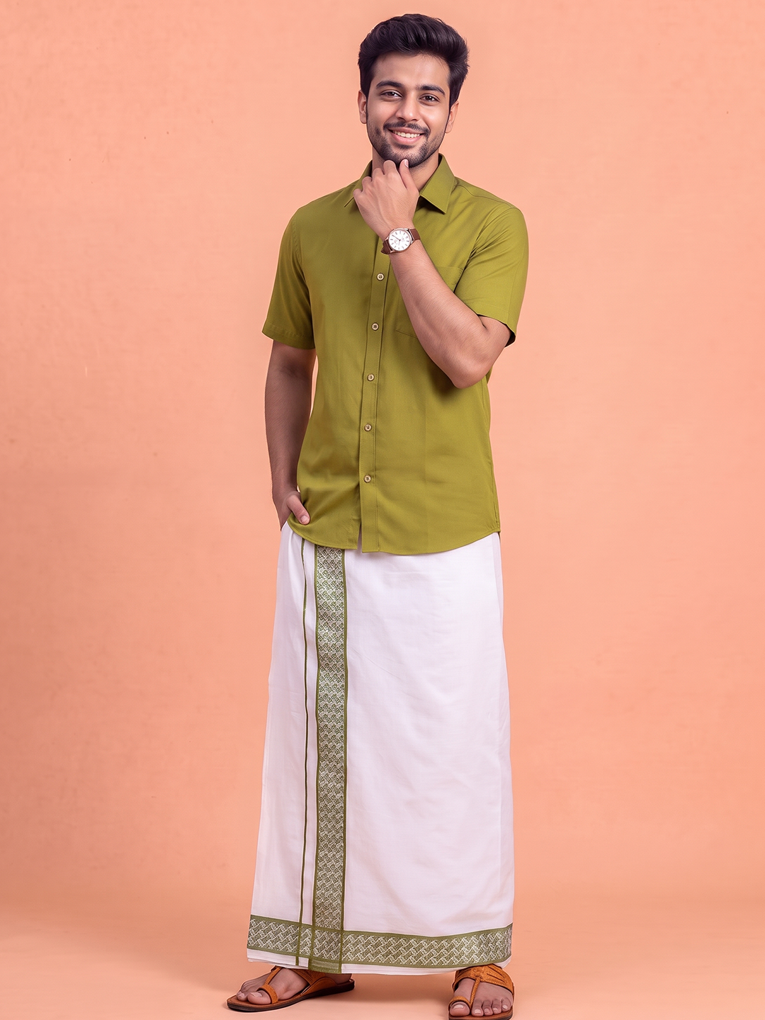 100% Cotton Pesto Shirt and Colour Jari Border Dhoti Set BT9