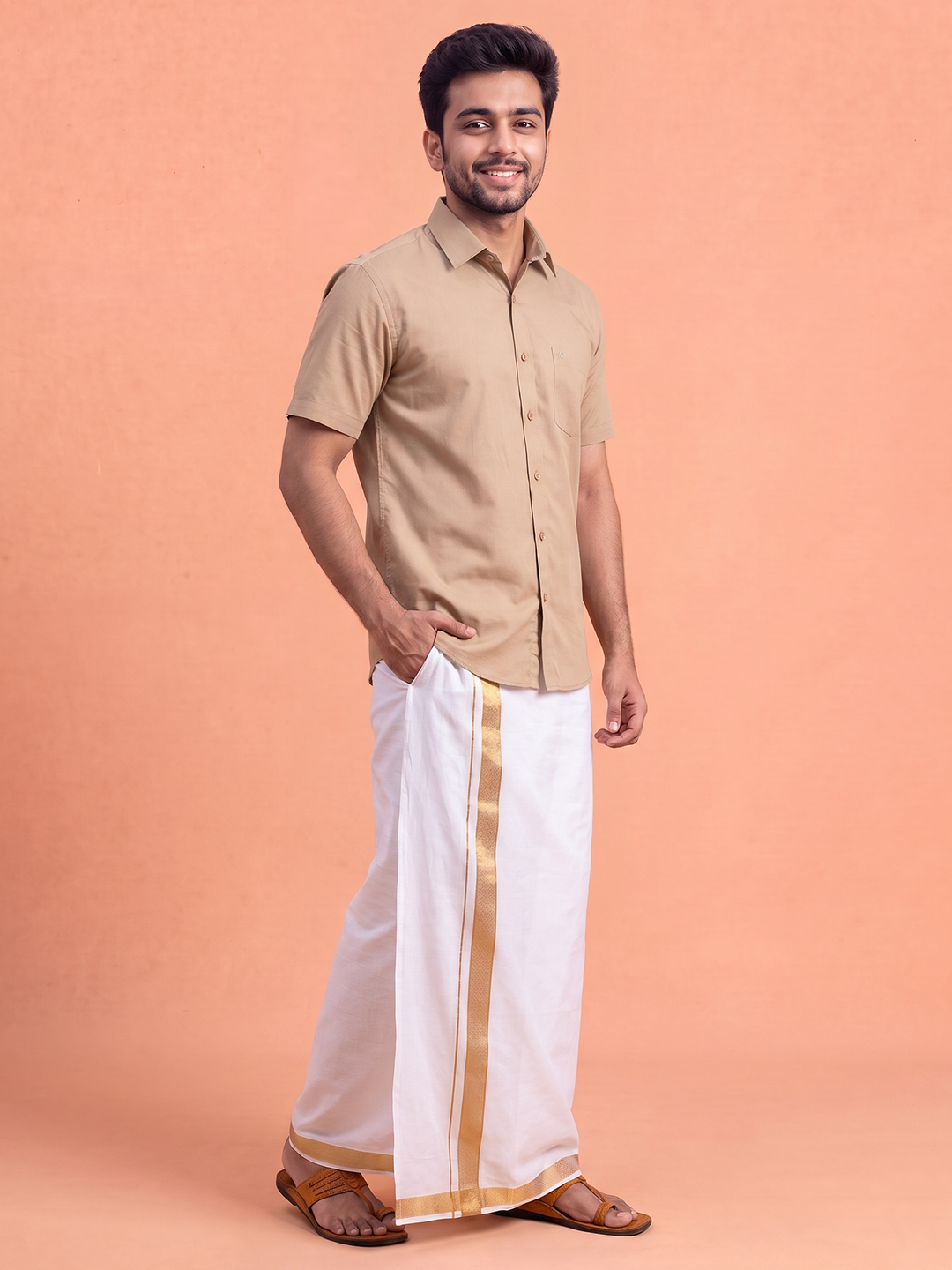 100% Cotton Brown Shirt and Colour Jari Border Dhoti Set BT1