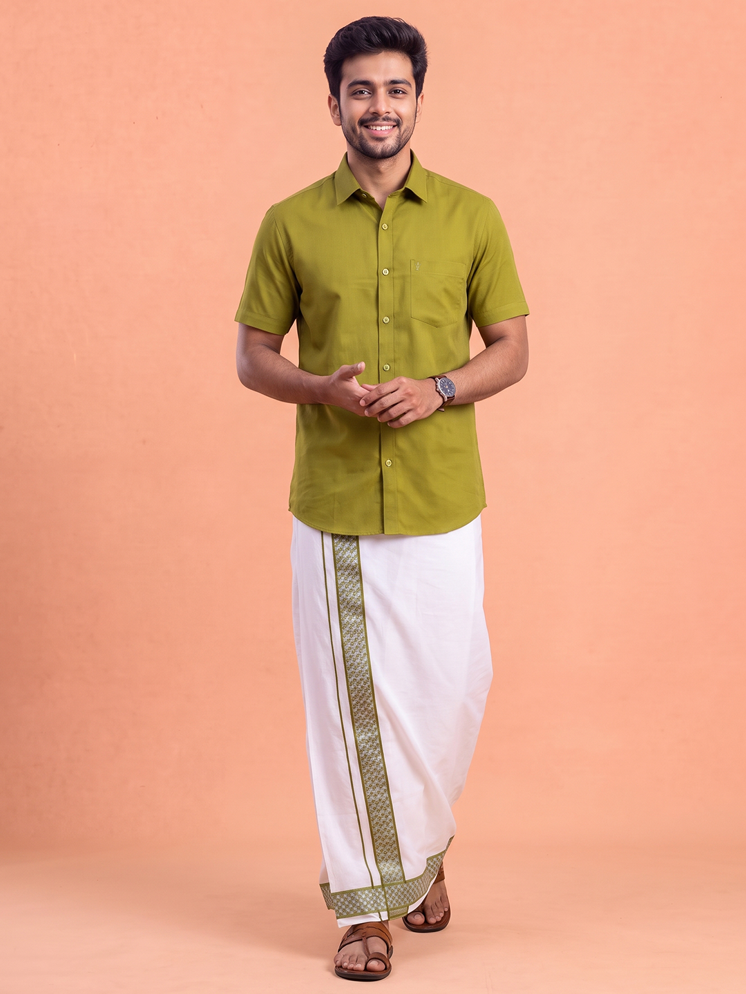 100% Cotton Pesto Shirt and Colour Jari Border Dhoti Set BT9
