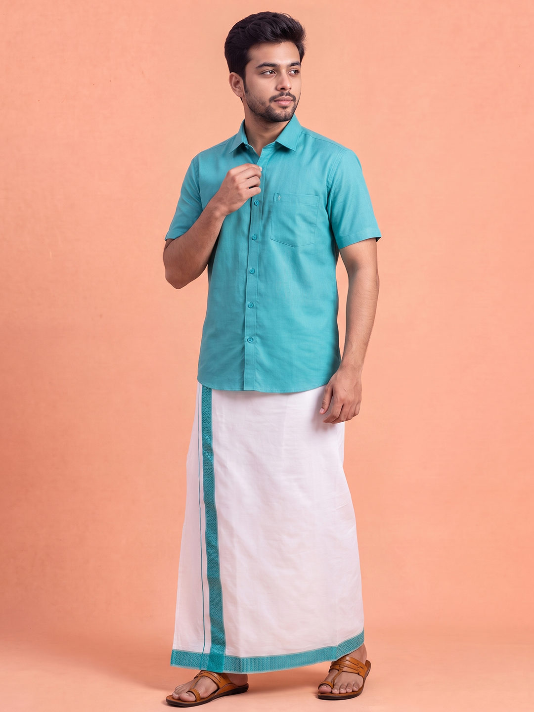 Couple Combo Shirt & Dhoti Set with Saree Sky Blue SS525