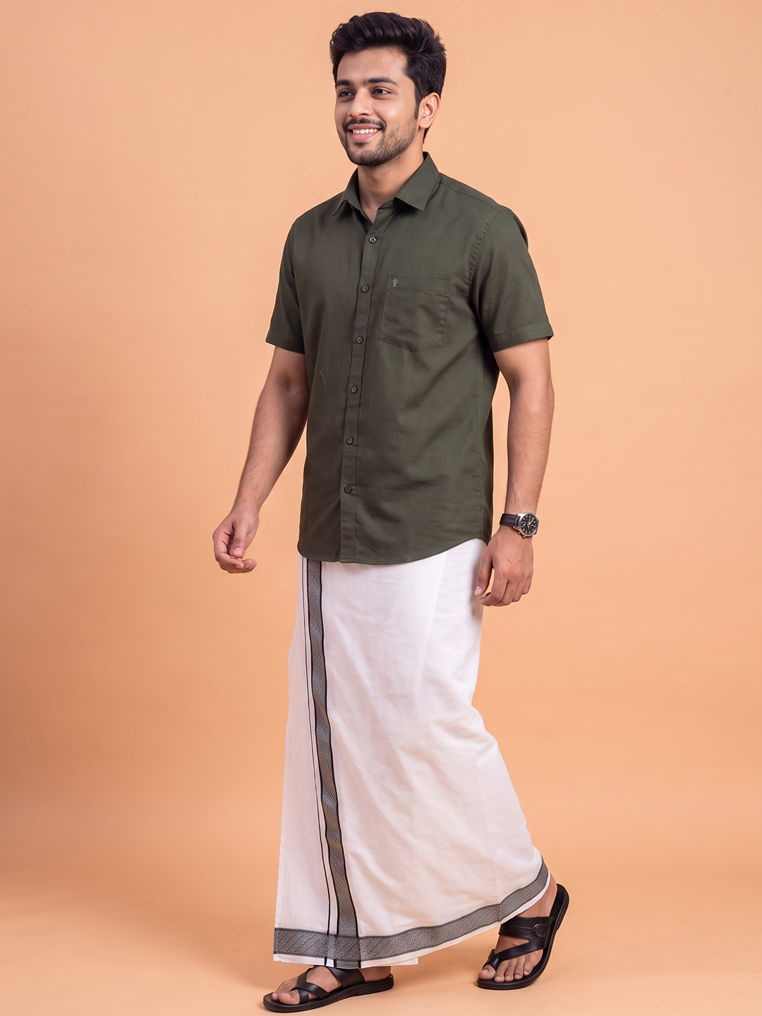 100% Cotton Dark Green Shirt and Colour Jari Border Dhoti Set BT10