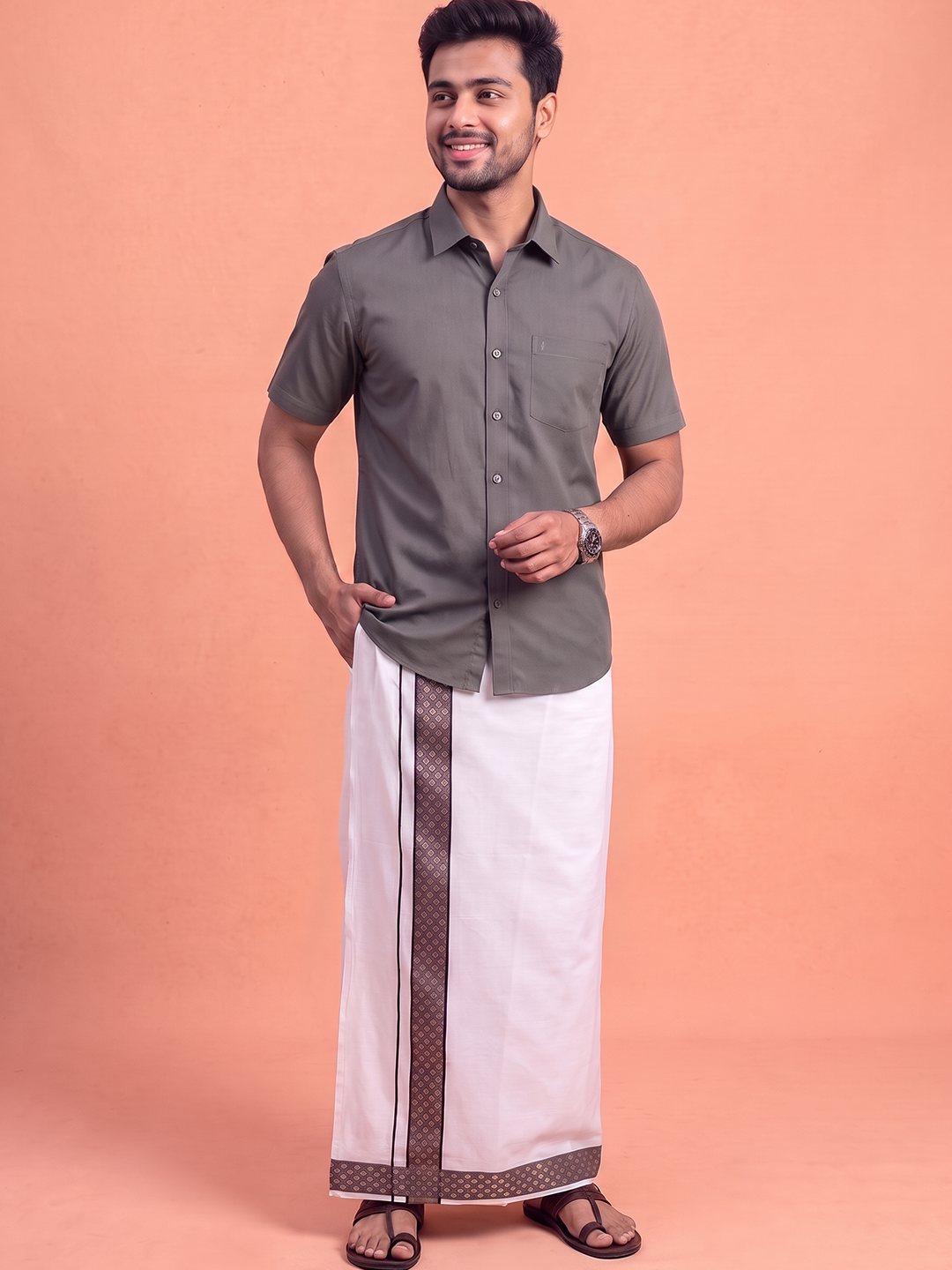 100% Cotton Shuttle Grey Shirt and Colour Jari Border Dhoti Set BT6