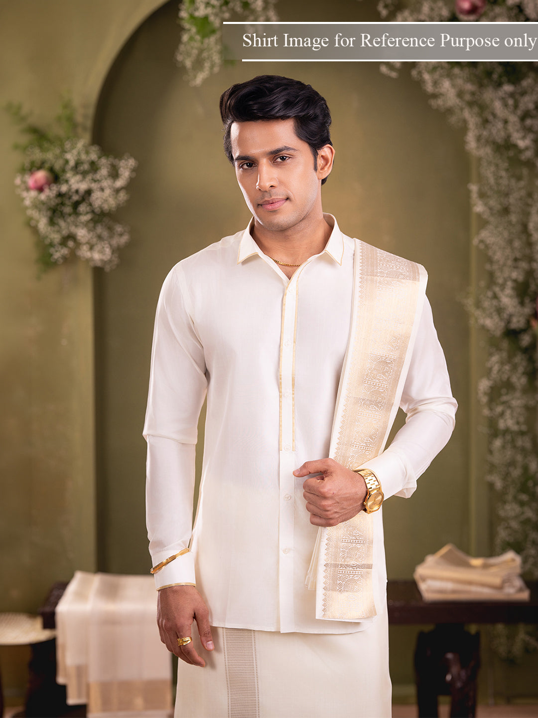 Premium Pure Silk Gold Jari Elephant Design Dhoti Shirting & Towel Set with 5" Jari Border – Rajdharbar