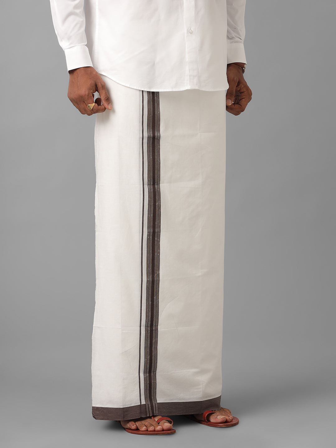 Mens Pure Cotton Brown with Silver Border Double Dhoti