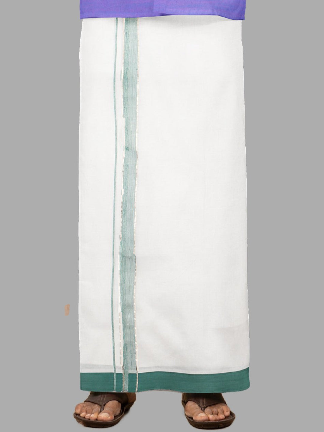 Men White with Green Fancy Jari Border Single Layer Dhoti HJF02