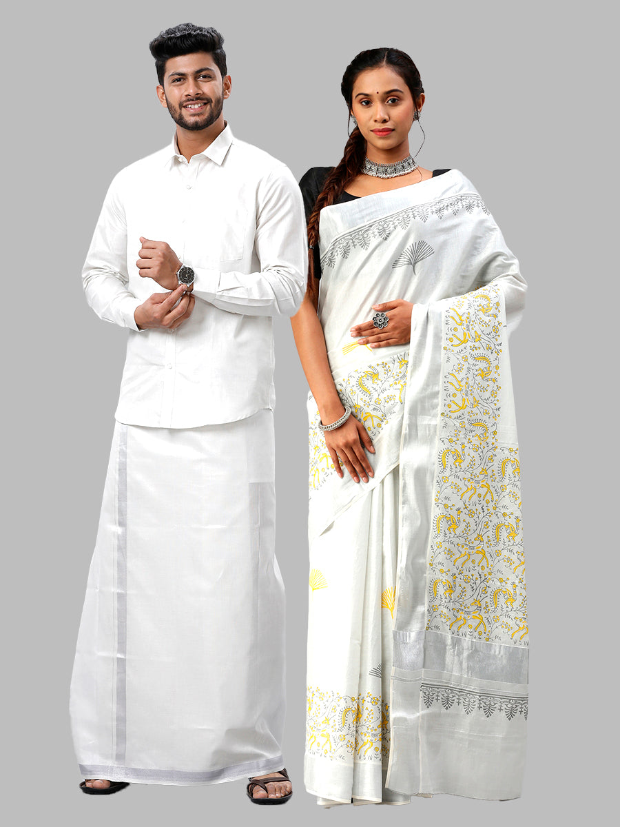 Matching Tissue Jari Dhoti Shirt &  Tissue Jari Saree Couple Combo Silver-Full view
