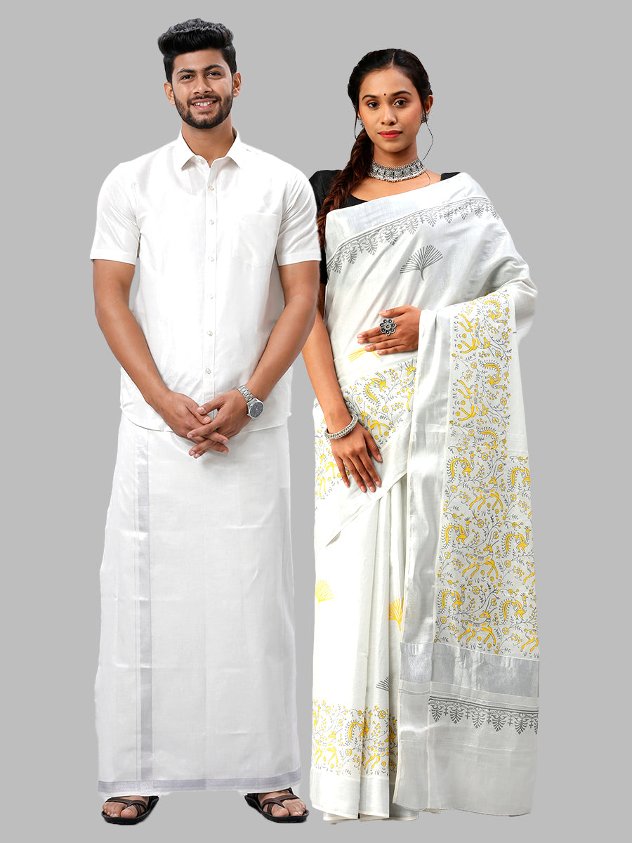Matching Tissue Jari Dhoti Shirt &  Tissue Jari Saree Couple Combo Silver
