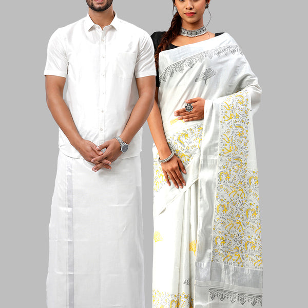 Matching Tissue Jari Dhoti Shirt & Tissue Jari Saree Couple Combo