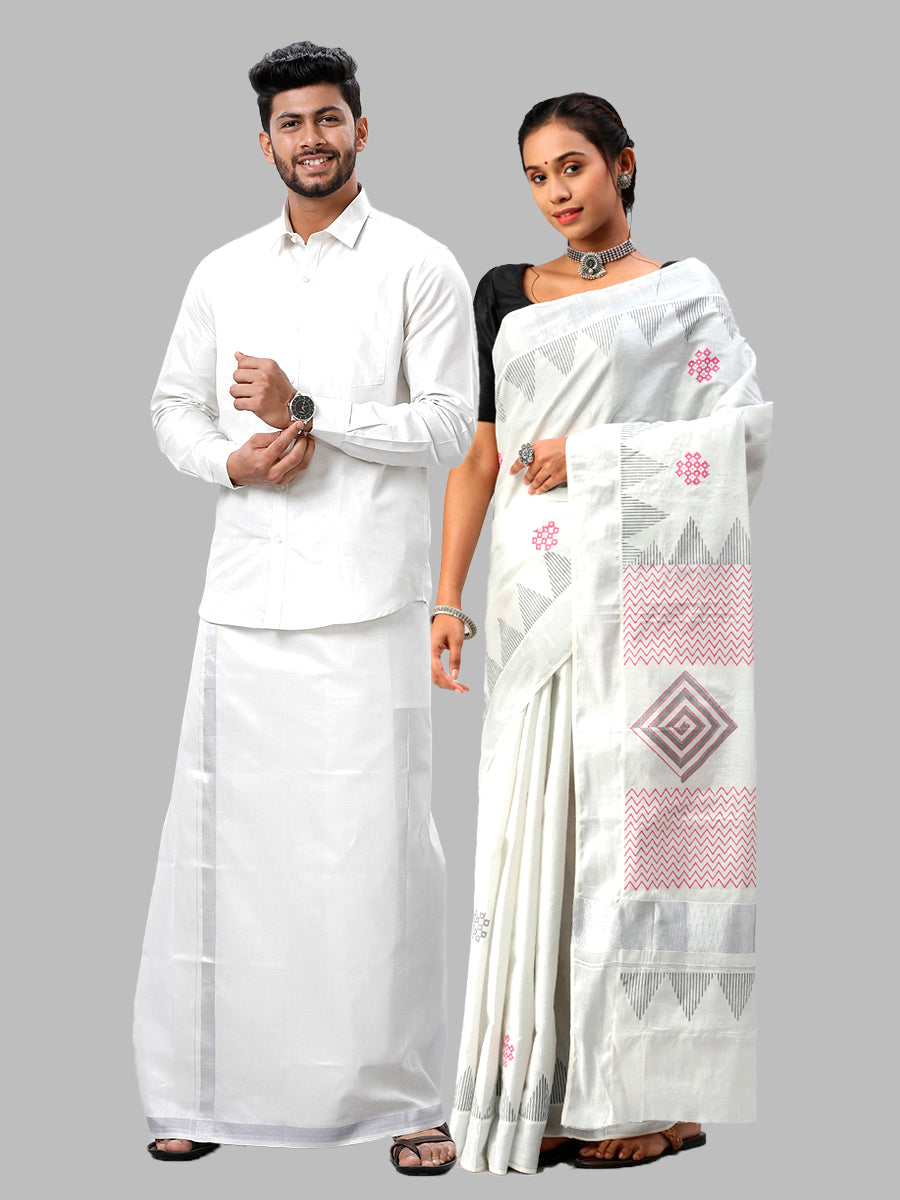 Matching Tissue Jari Dhoti Shirt &  Tissue Jari Saree Couple Combo Silver-Full view
