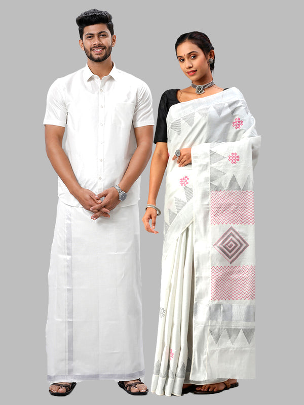 Matching Tissue Jari Dhoti Shirt &  Tissue Jari Saree Couple Combo Silver