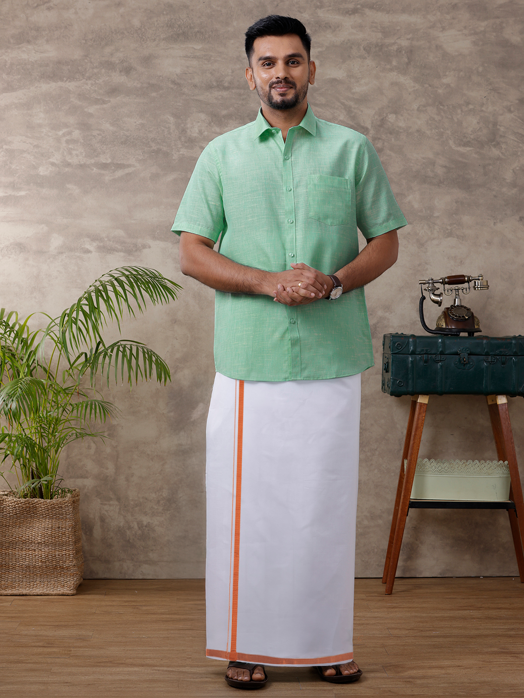 Mens Pista Green Shirt with Copper Jari Border White Dhoti Combo