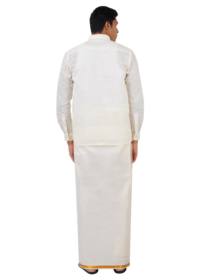 Mens Cream Double Dhoti with Gold Jari Border Cherry Kora 3/4" Onam Collection