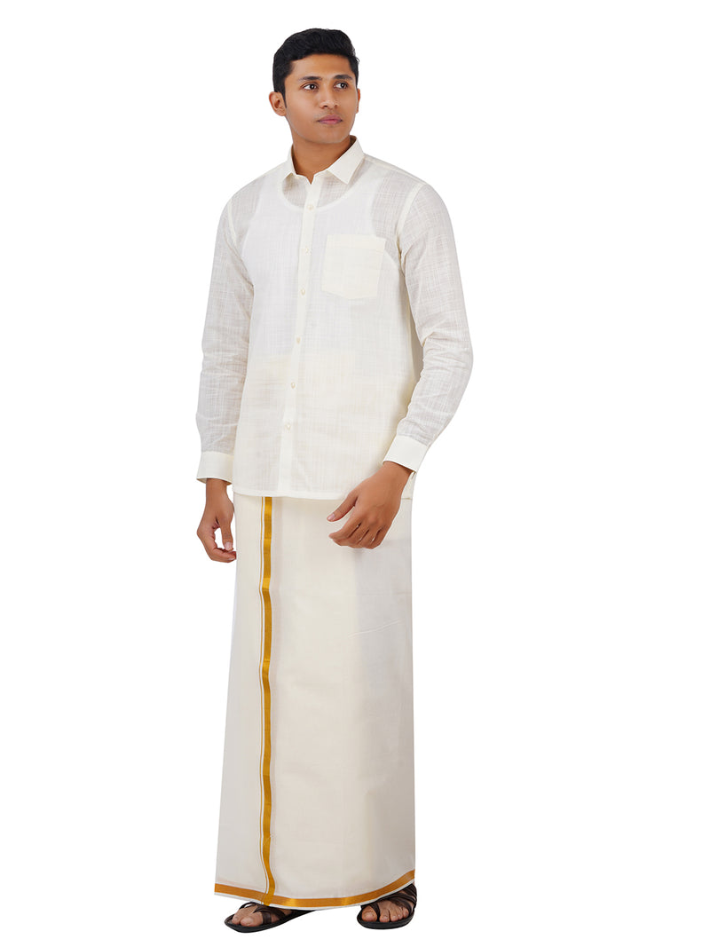 Mens Cream Double Dhoti with Gold Jari Border Cherry Kora 3/4" Onam Collection