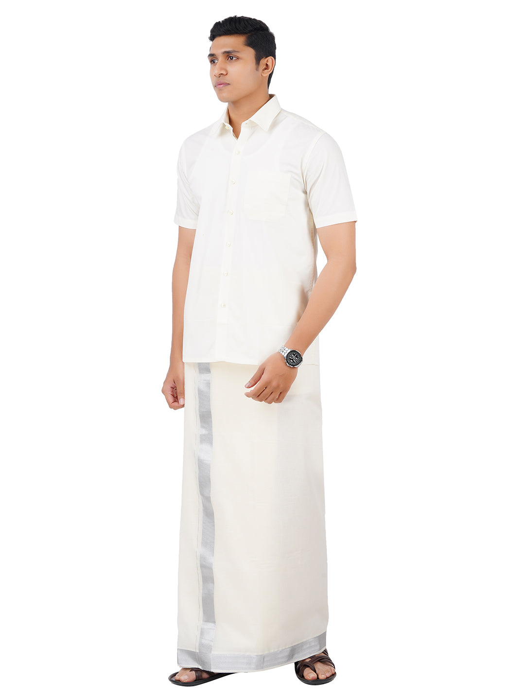Mens Double Dhoti Cream with Silver Jari Border Silver Cloud Plain-Side view