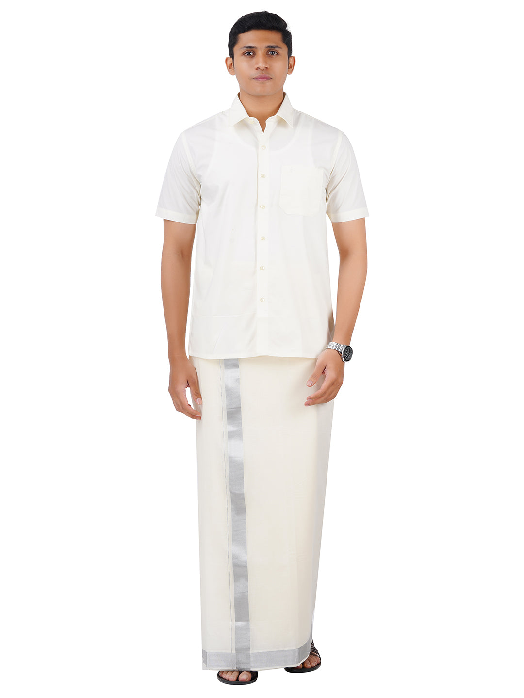 Mens Double Dhoti Cream with Silver Jari Border Silver Cloud Plain-Front view