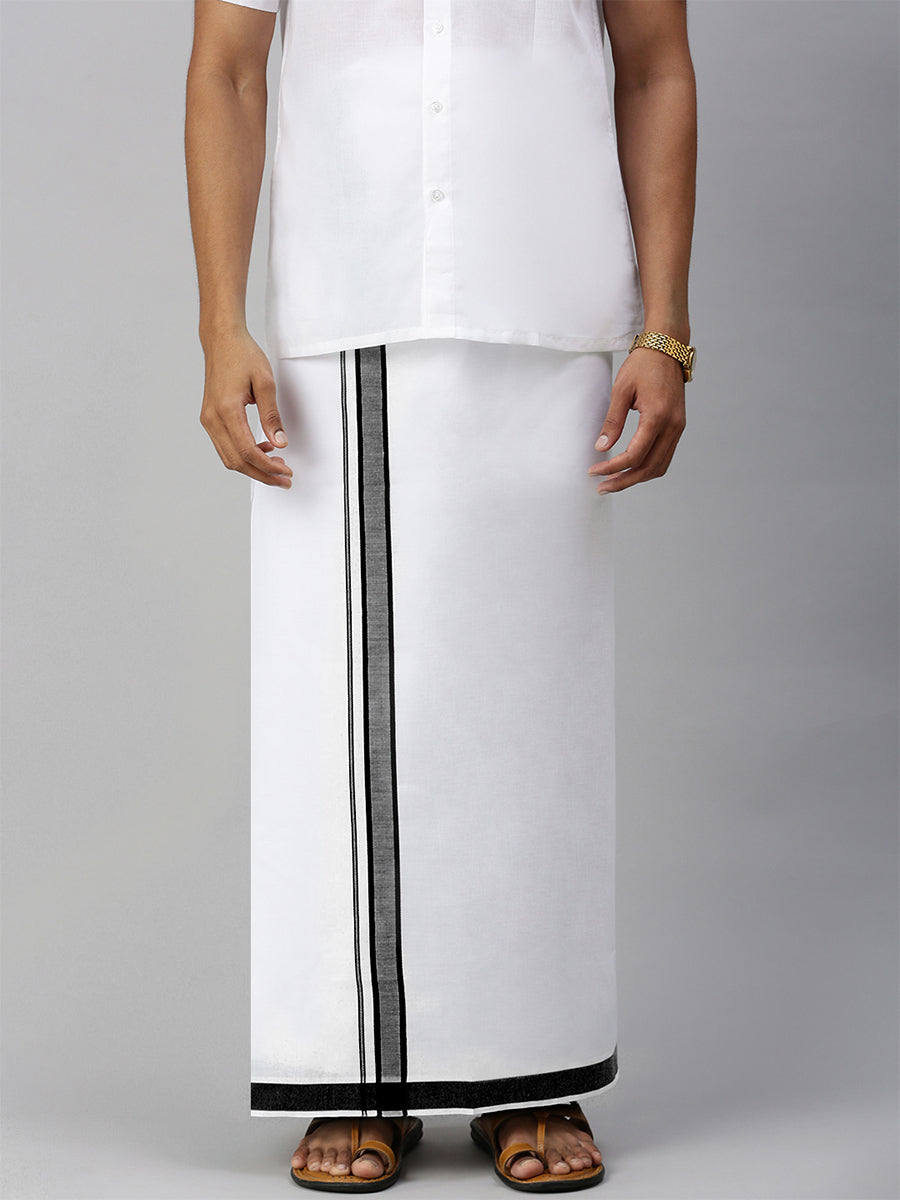Men Double Layer White Dhoti with Fancy Border Aaral Black