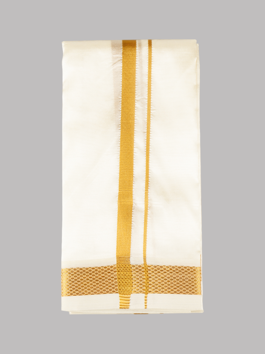 Mens Cream Art Silk Full Sleeves Shirt, Readymade Double Dhoti & Towel Combo-Towel view
