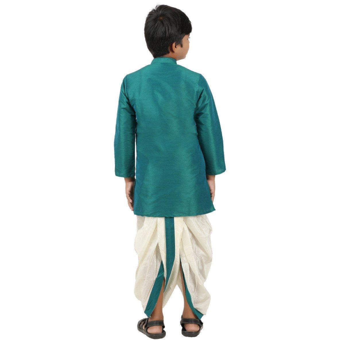Boys Slub Kurta Panchakacham Set Dark Turquoise -  Ramraj Cotton-Back view