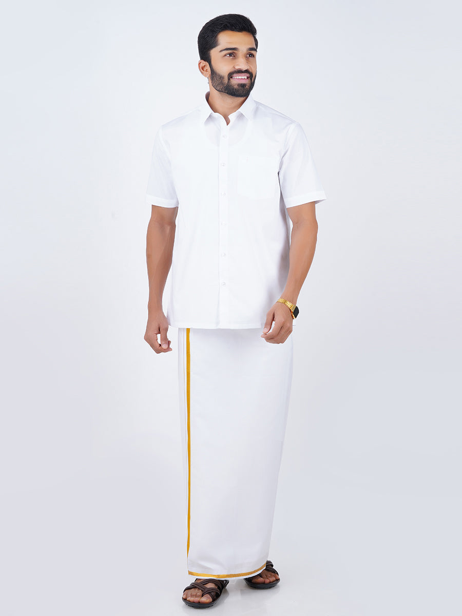 Mens Cotton White Shirt Bit with 1/2" Gold Jari Dhoti Combo Utsav-Front view