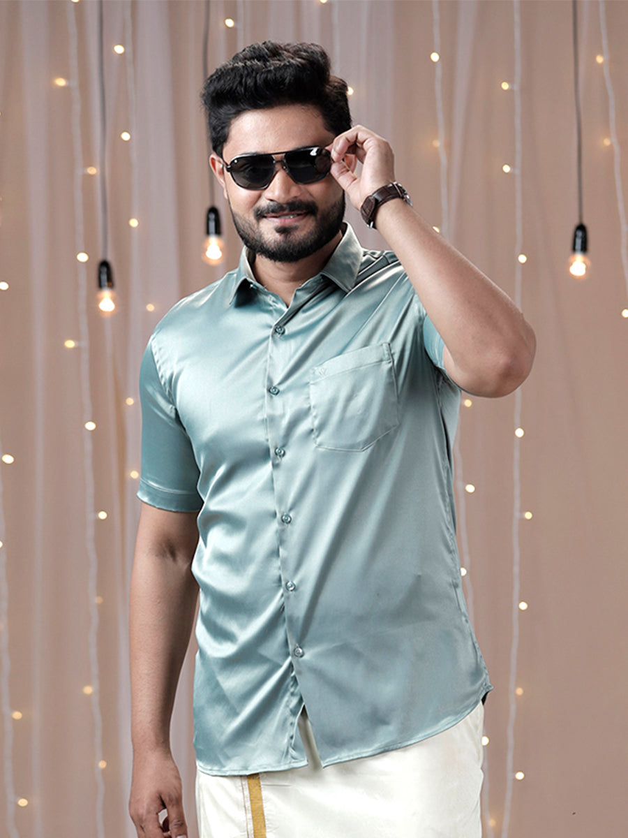 Mens Party Wear Grayish Green Half Sleeves Colour Shirt PSS8-Front view