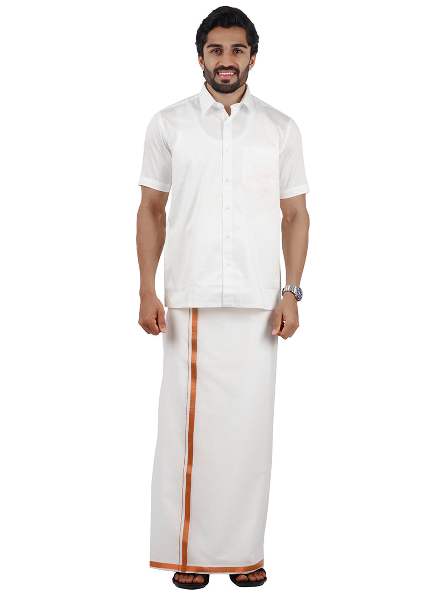 Mens White Double Dhoti with  3/4" Copper Jari-Full view