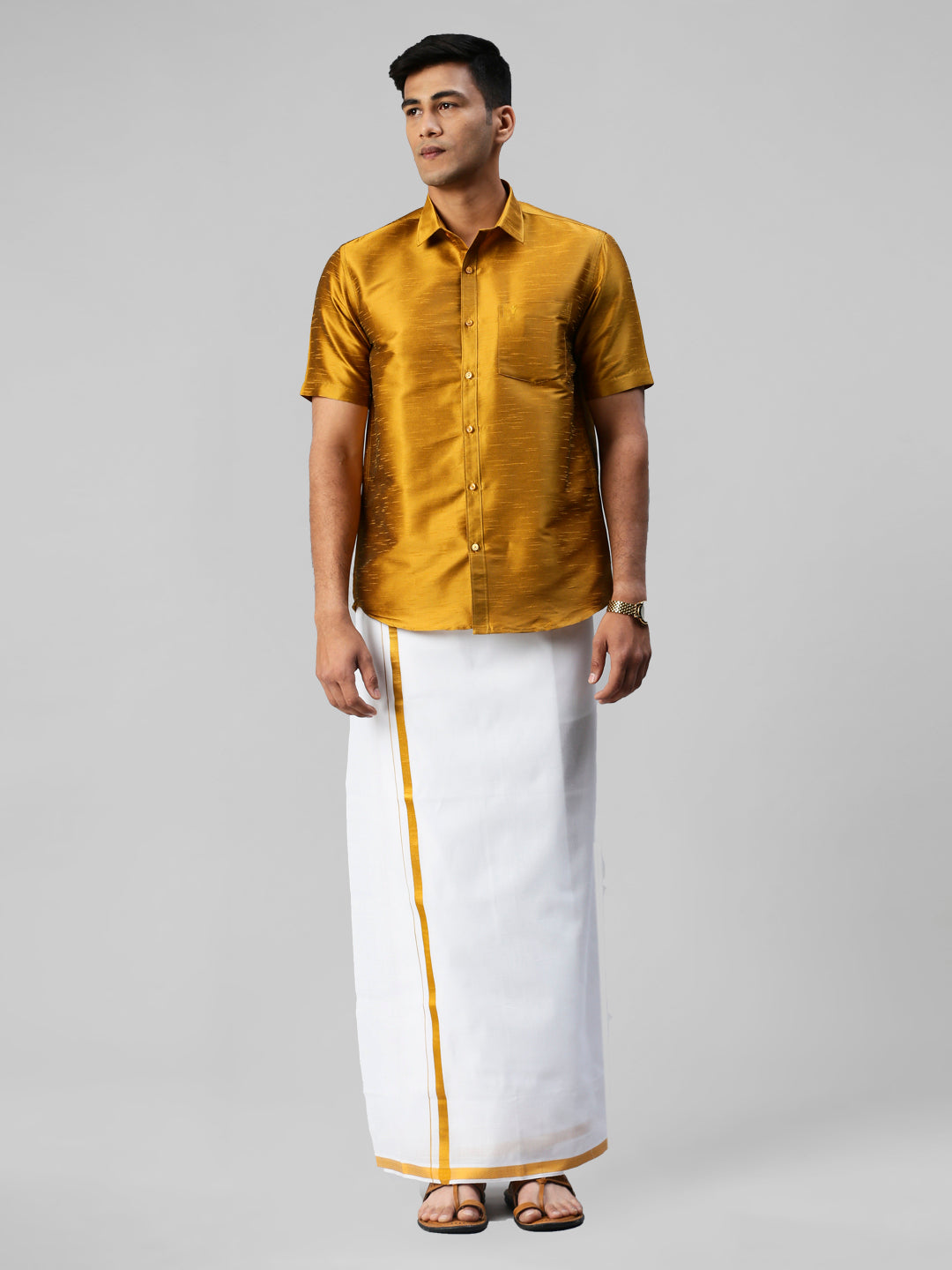 Mens Gold Half Sleeves Shirt with Jari Dhoti Combo