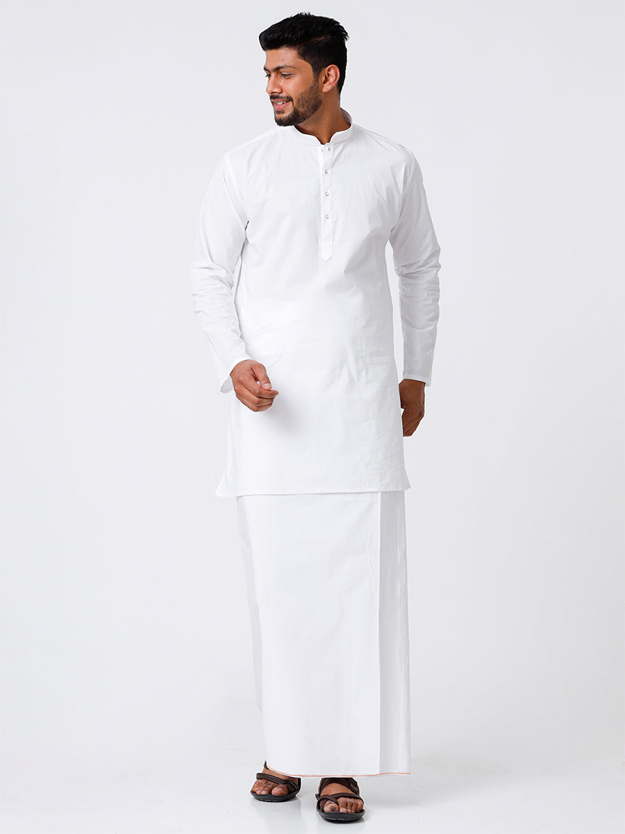 Mens Cotton Full Sleeve White Medium Kurta with Stitched Prayer Dhoti 2.50m Combo