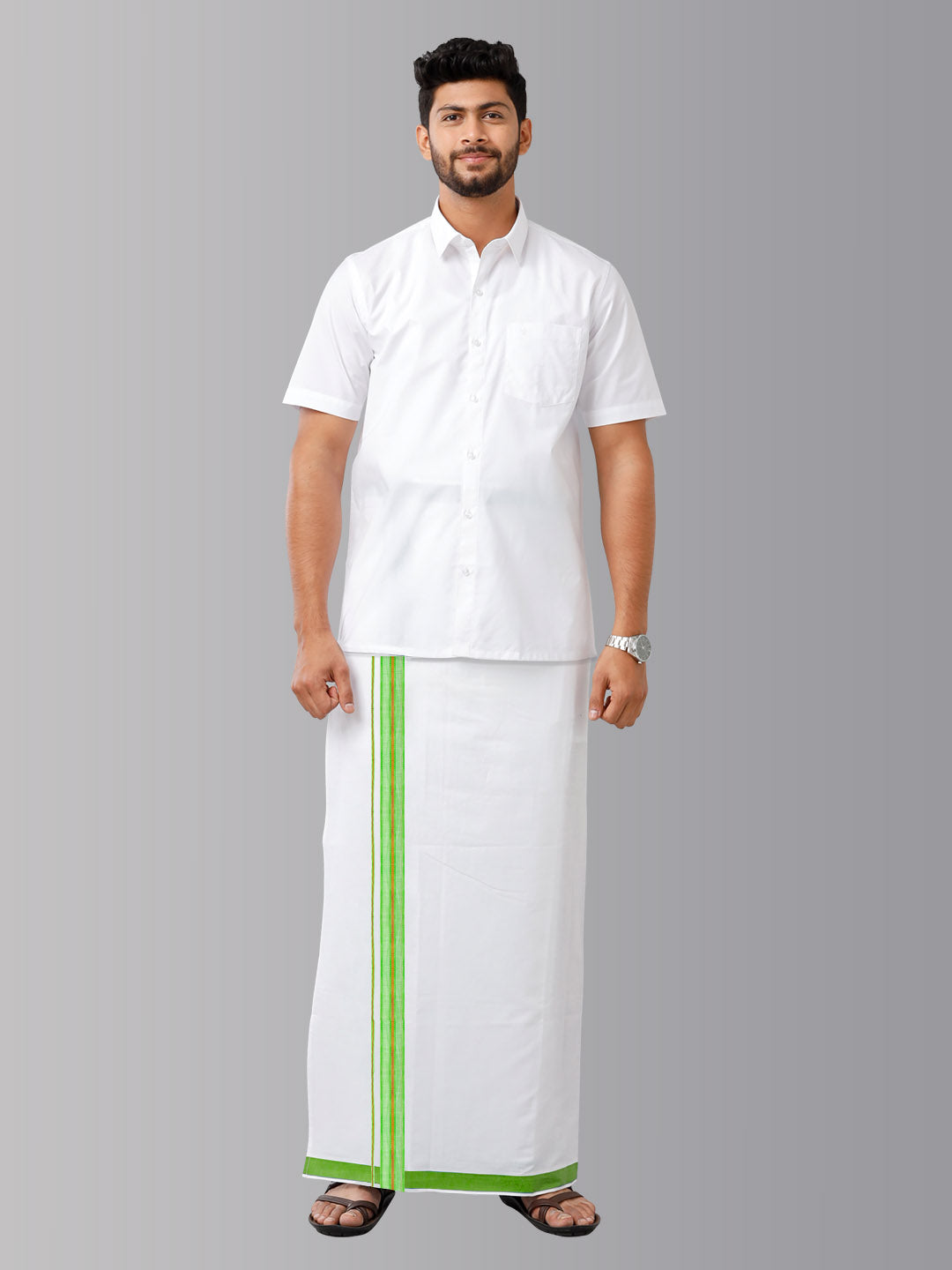 Men Green Fancy Border Readymade Adjustable Double Dhoti White