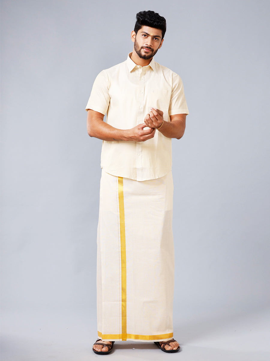 Mens Tissue Half Sleeve Shirt with 1 1/2 " Jari Dhoti Set Sankalpam-Front view
