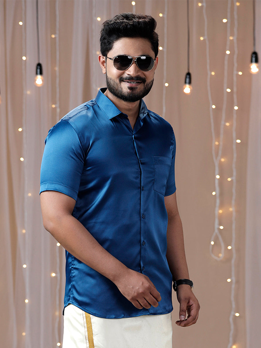 Mens Party Wear Dark Blue Half Sleeves Colour Shirt PSS4-Side  view
