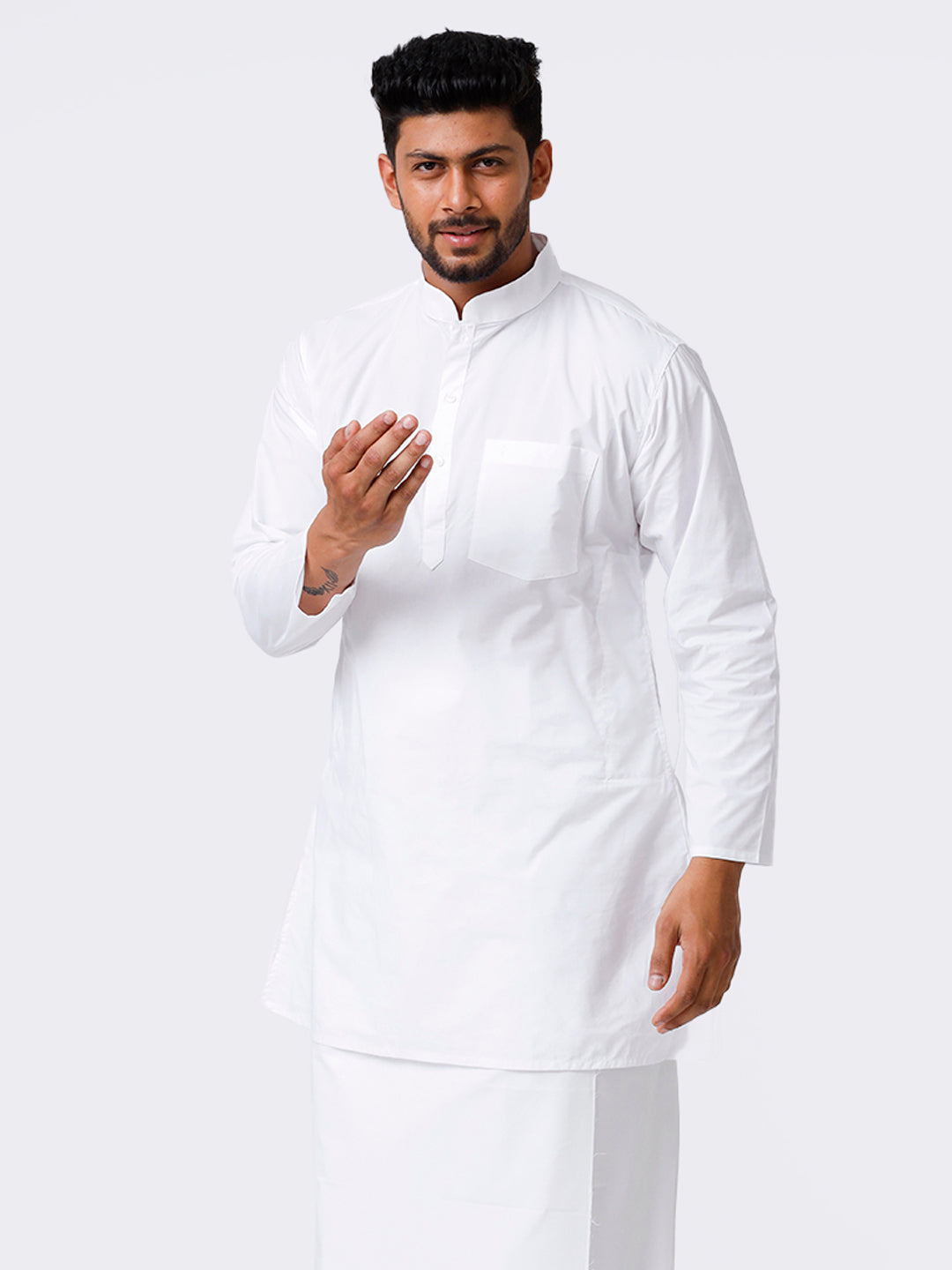 Mens Cotton White Full Sleeve Medium Length Kurta Top-Front  view