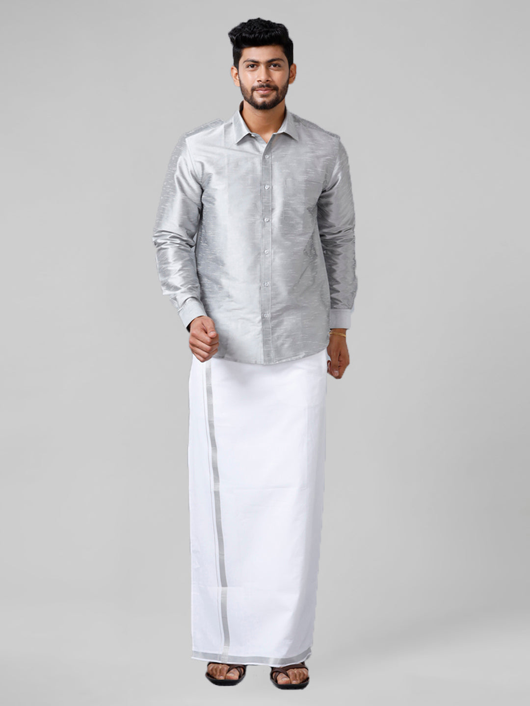 Mens Silver Full Sleeves Shirt with Jari Dhoti Set Glory