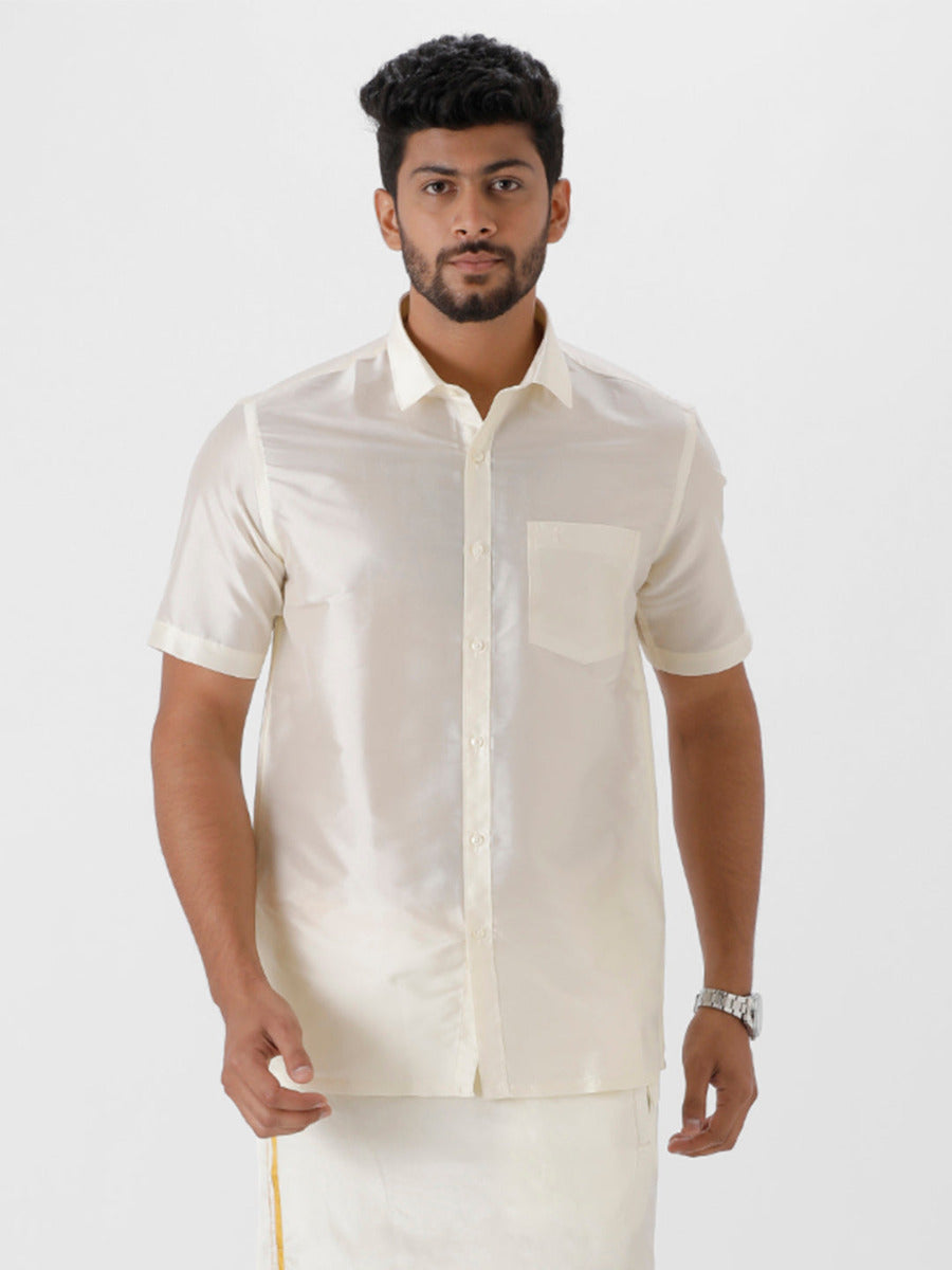 White Silk Silk Short Sleeve Button Up Mens Men Silk Look Shirt Cream