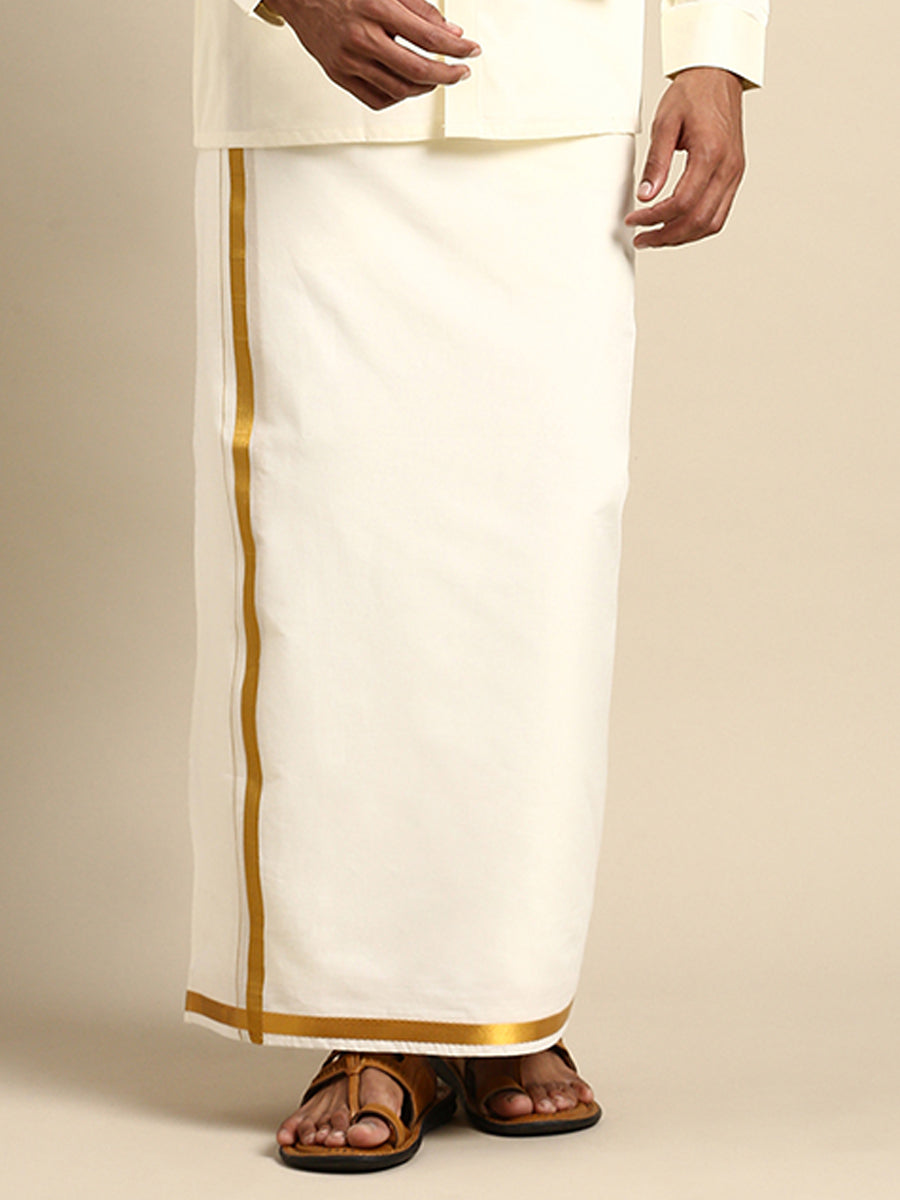 Mens Cream Cotton Gold Jari 1" Double Dhoti with Full Sleeves Shirt Combo-Bottom front view