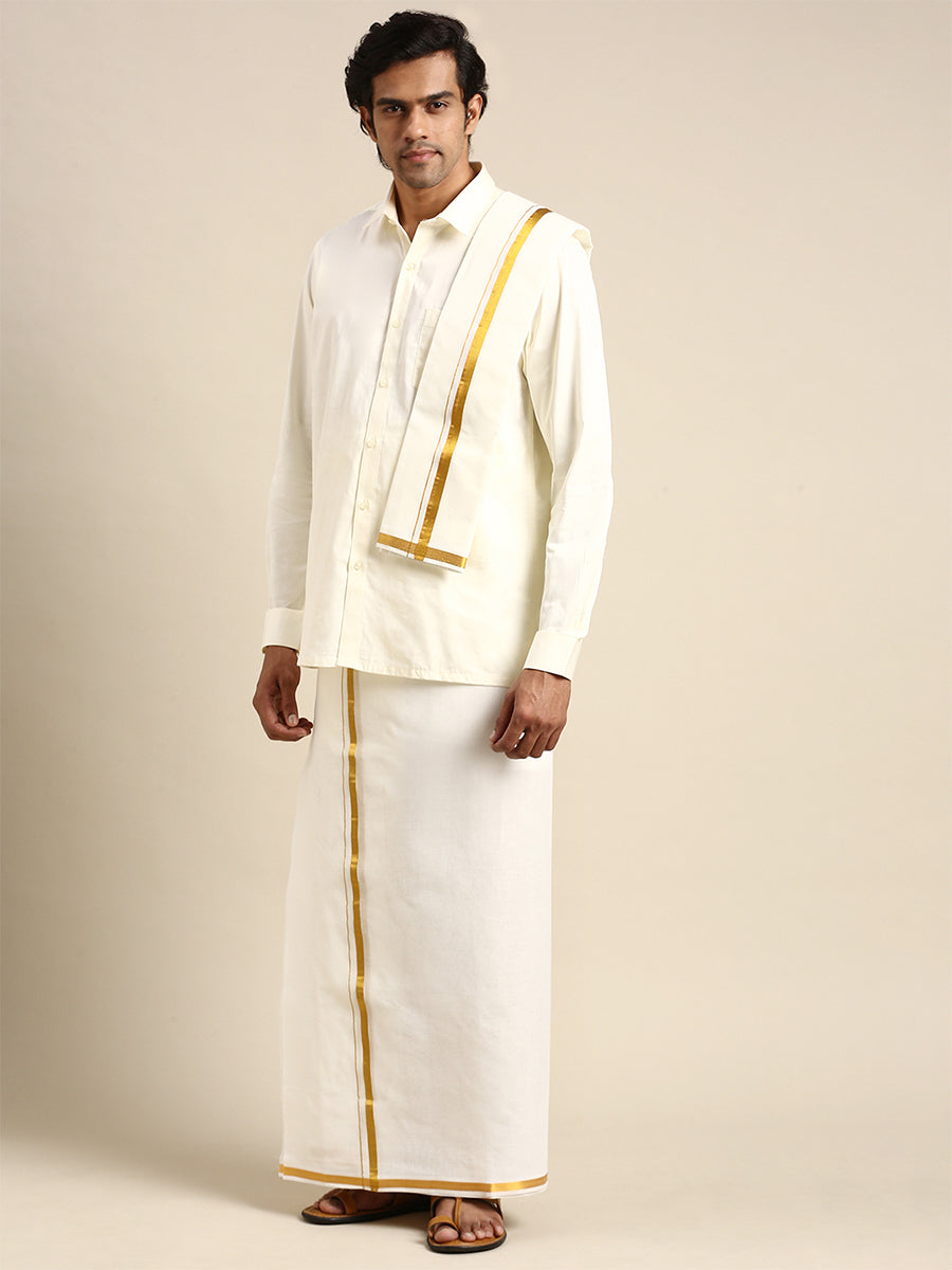 Mens Full Sleeves Cream Shirt with Gold Jari 1/2" Double Dhoti,Towel Combo