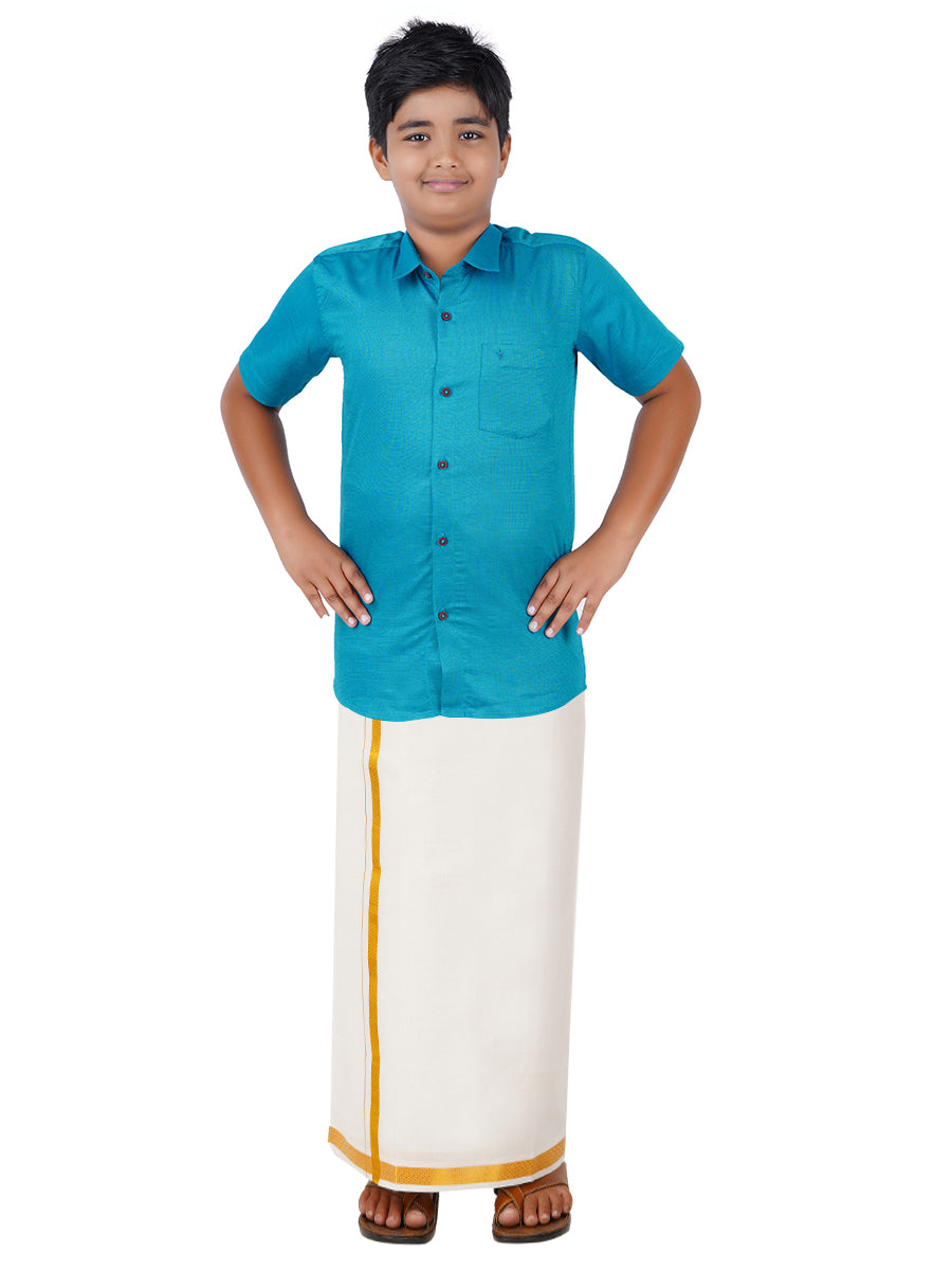 Boys Giza Cotton Shirt & White Dhoti Set Blue GL15-Front view