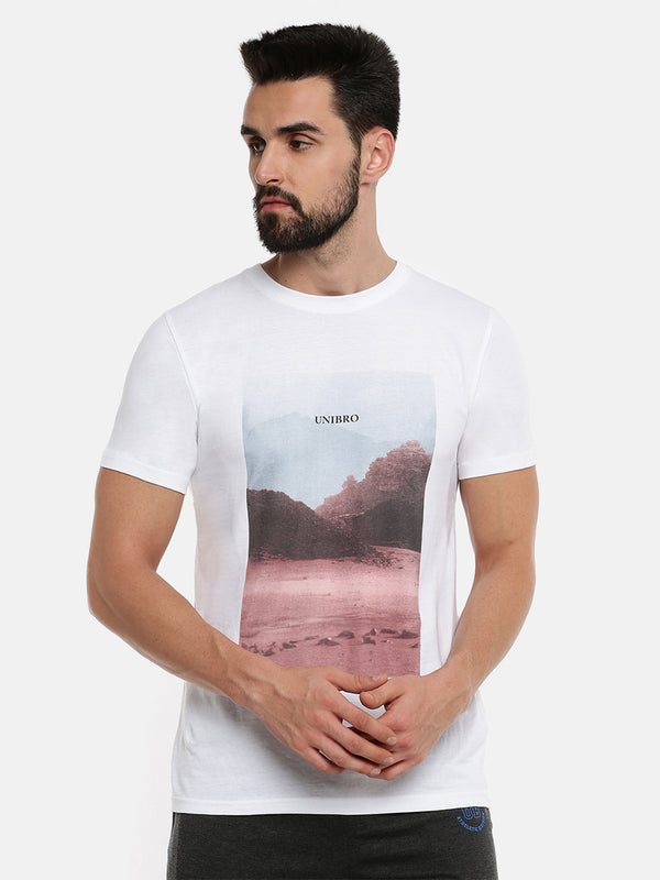 Graphic Printed White Combed Cotton Round Neck Casual T-Shirt GT14