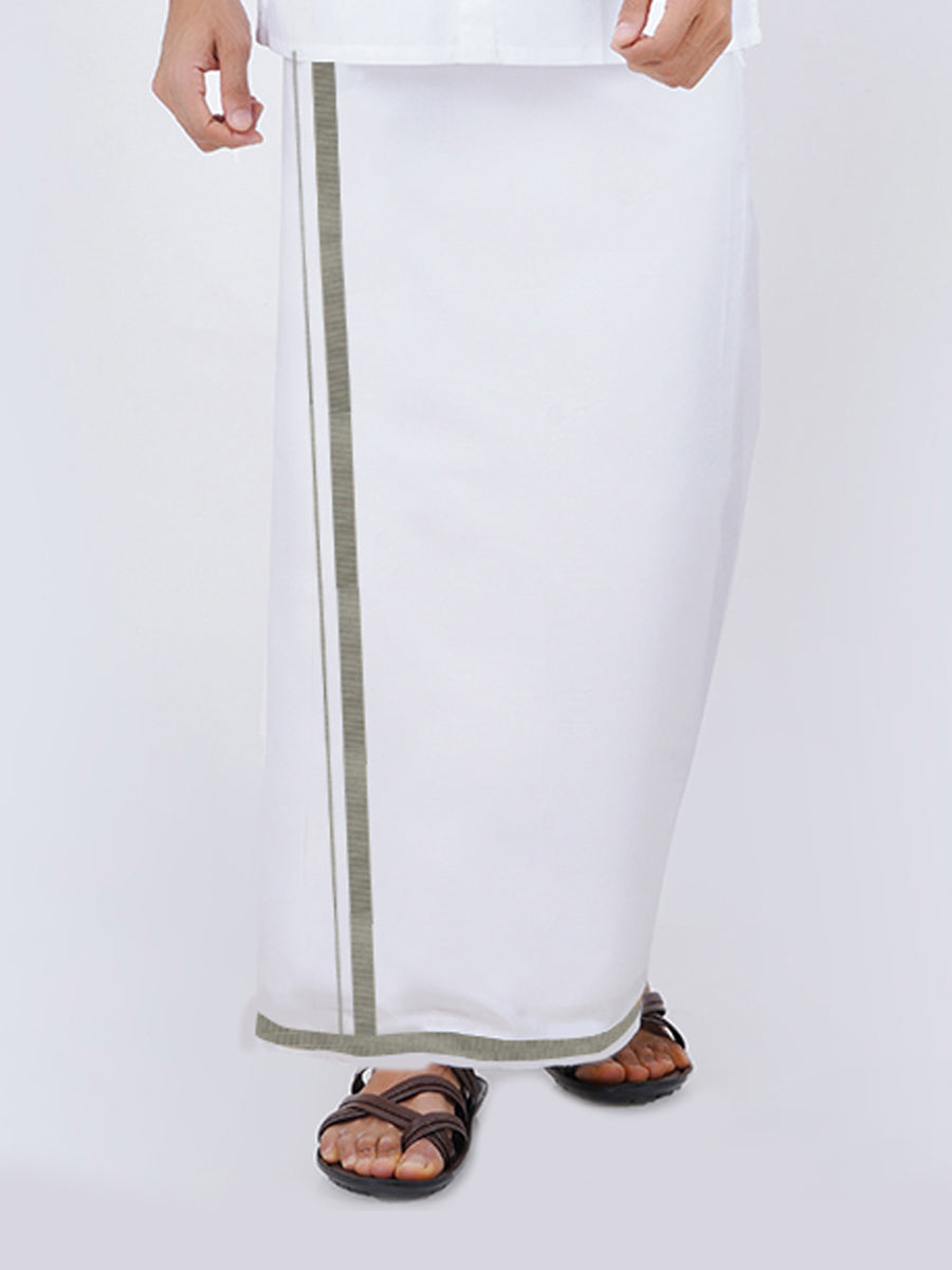 Mens White Dhoti with Silver Jari Border 3/4" Silvertone