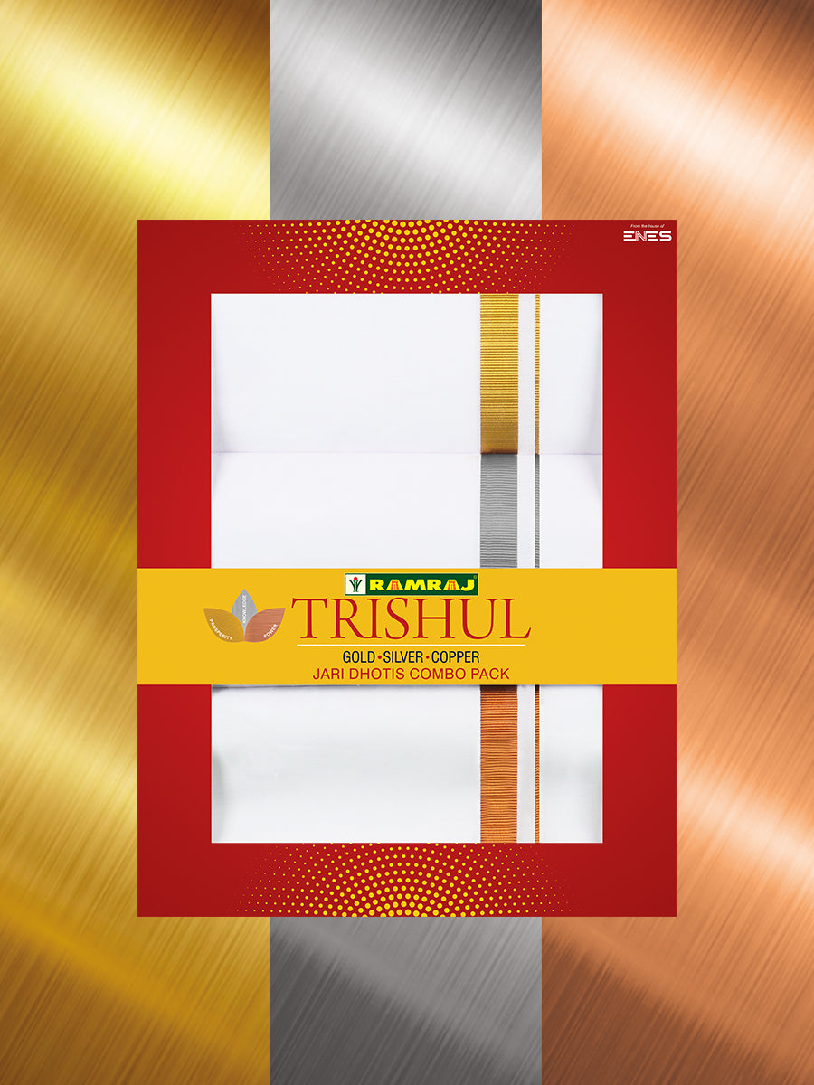 Trishul Gold-Silver-Copper Jari Border 2 mtr Dhoti Combo (Pack of 3)
