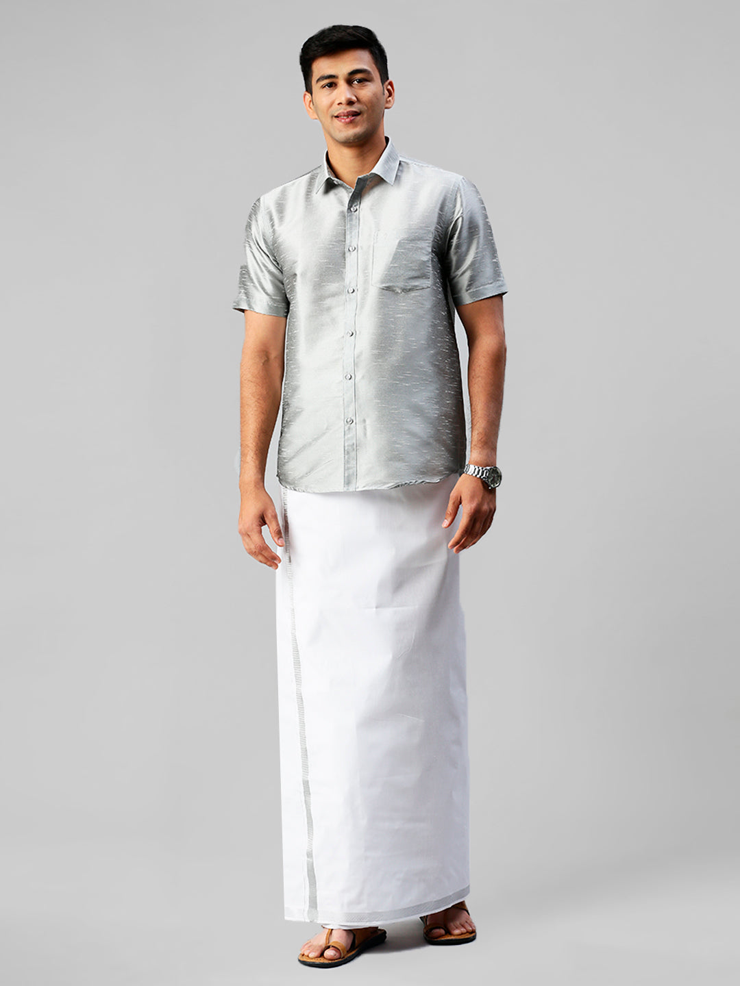 Mens Silver Half Sleeves Shirt with Jari Dhoti Set Glory