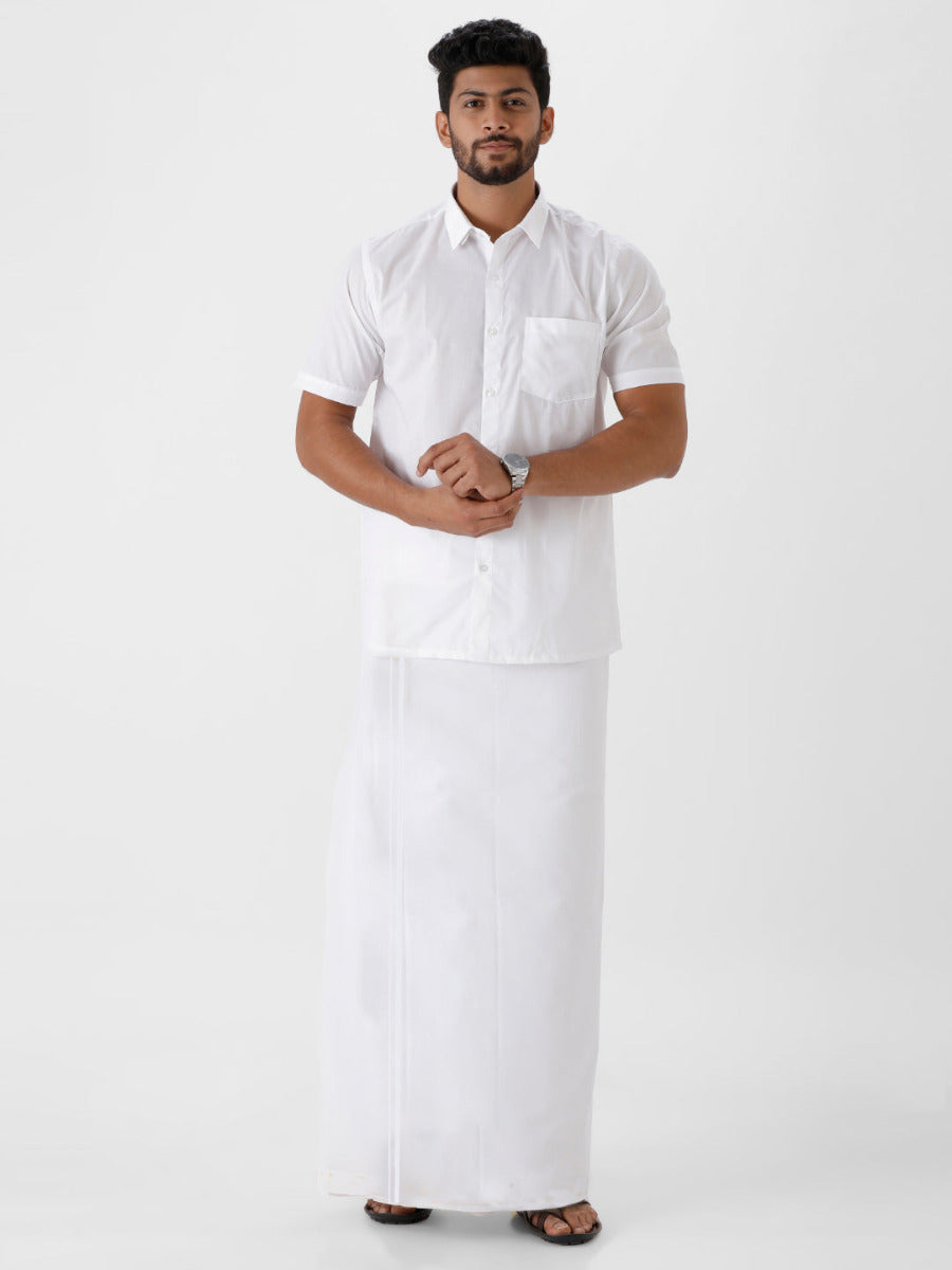 Mens Cotton White Half Sleeve Shirt with Paramas Dhoti Combo