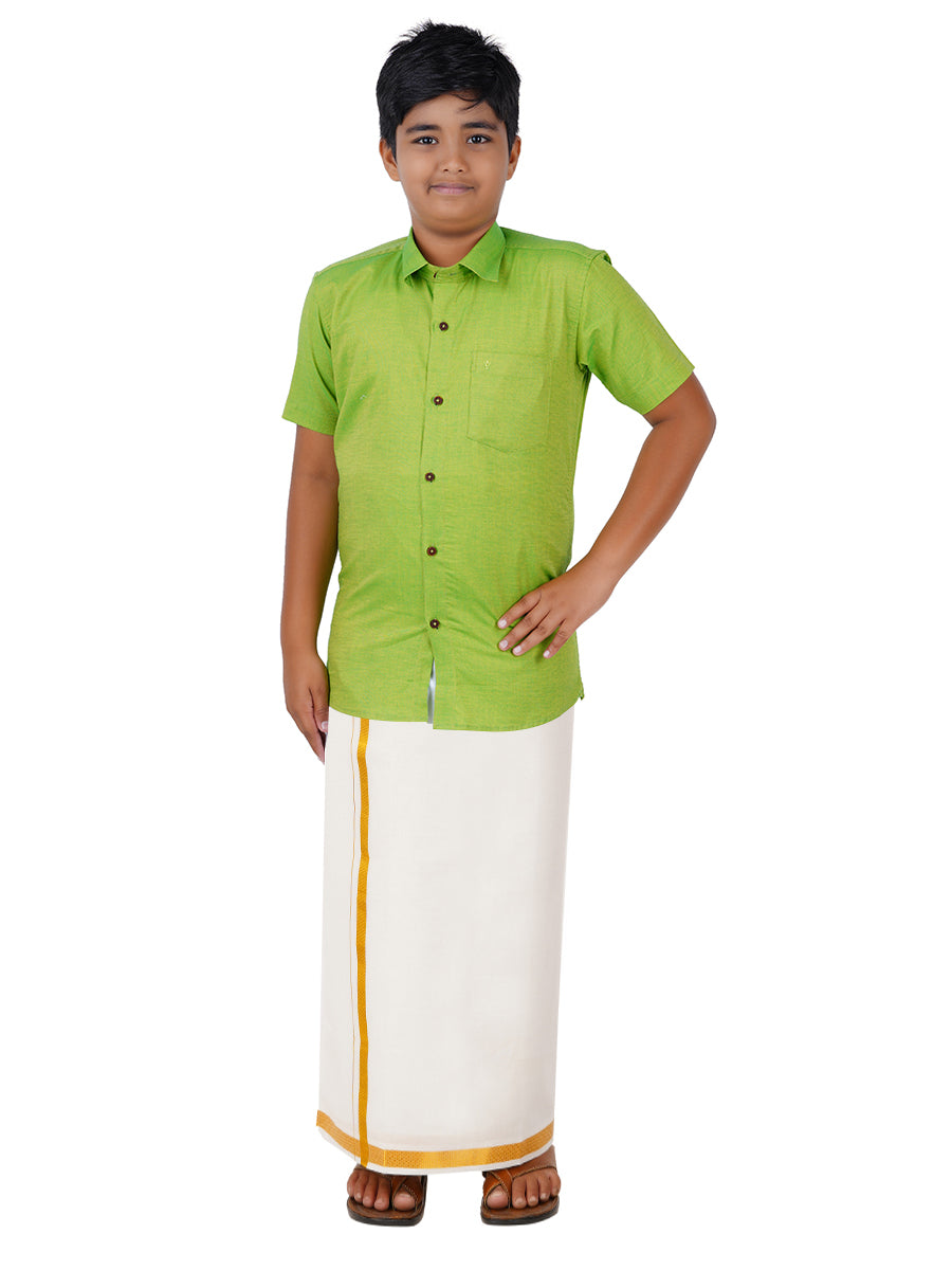 Boys Giza Cotton Shirt & White Dhoti Set Green GL2