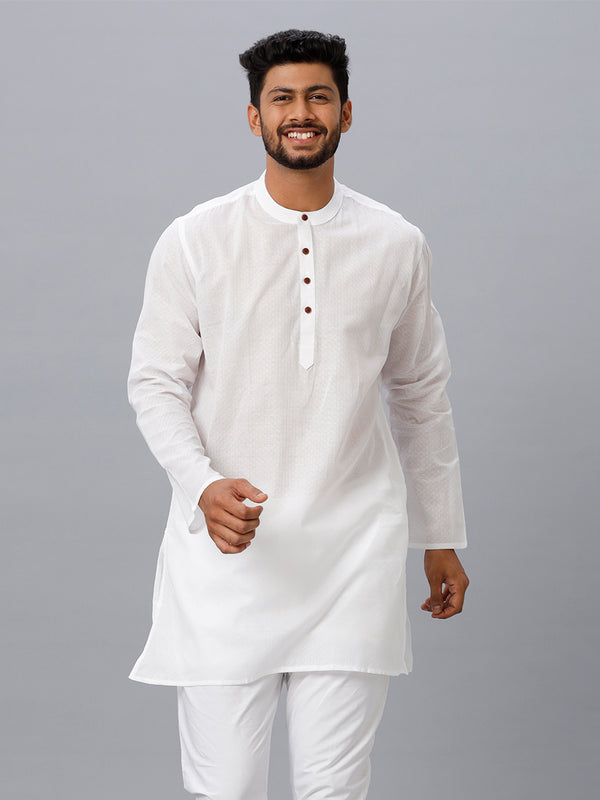 Mens Cotton White Full Sleeves Self Design Medium Length Kurta RD16