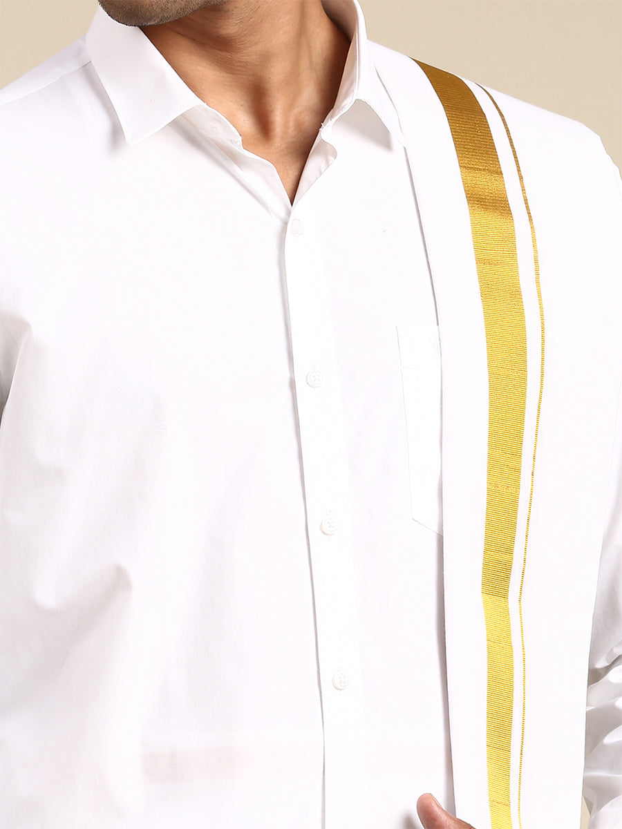 Mens Combo Set White Dhoti,Shirt Bit&Towel 3/4" Gold Jari Vaisant-Close view