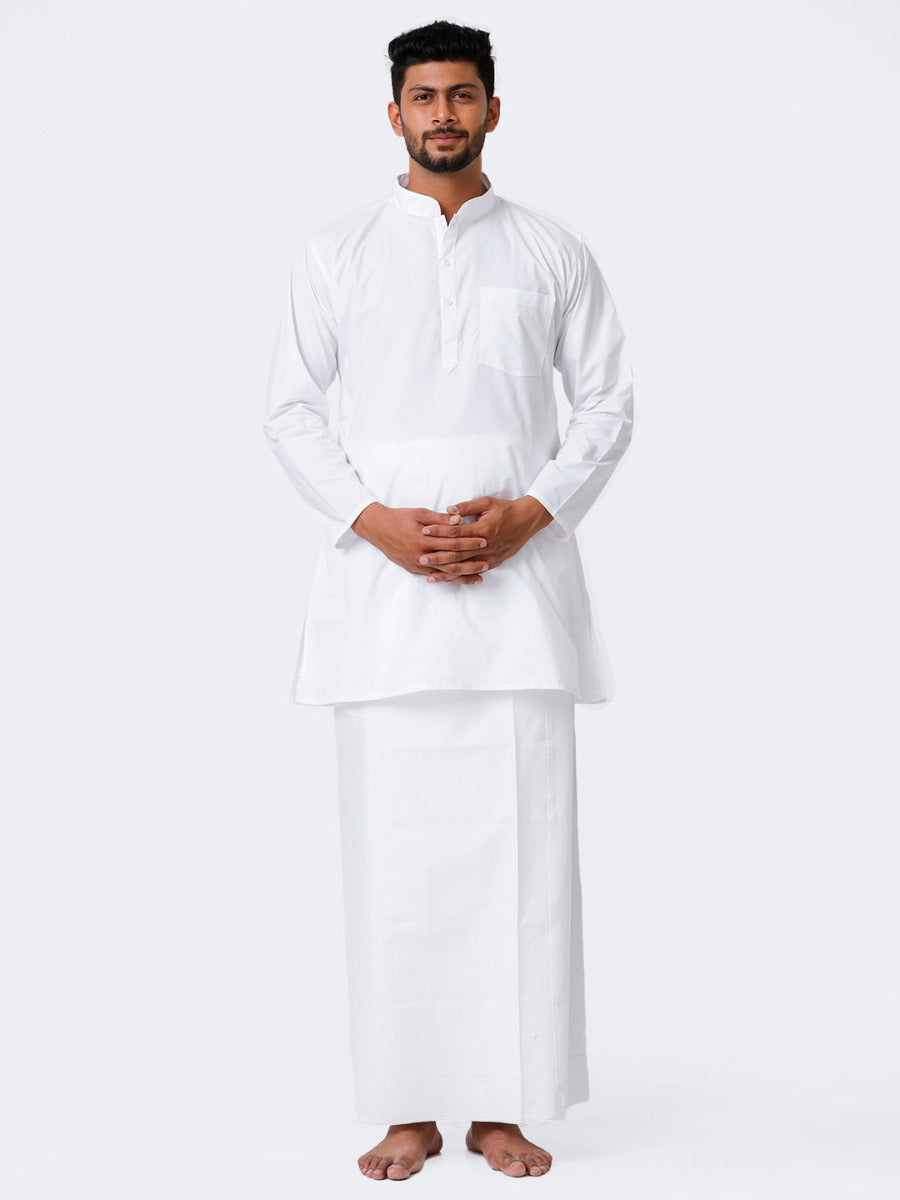 Mens Cotton Full Sleeve White Medium Kurta Top with Stitched Prayer Dhoti Combo Al Mashoor-Front view