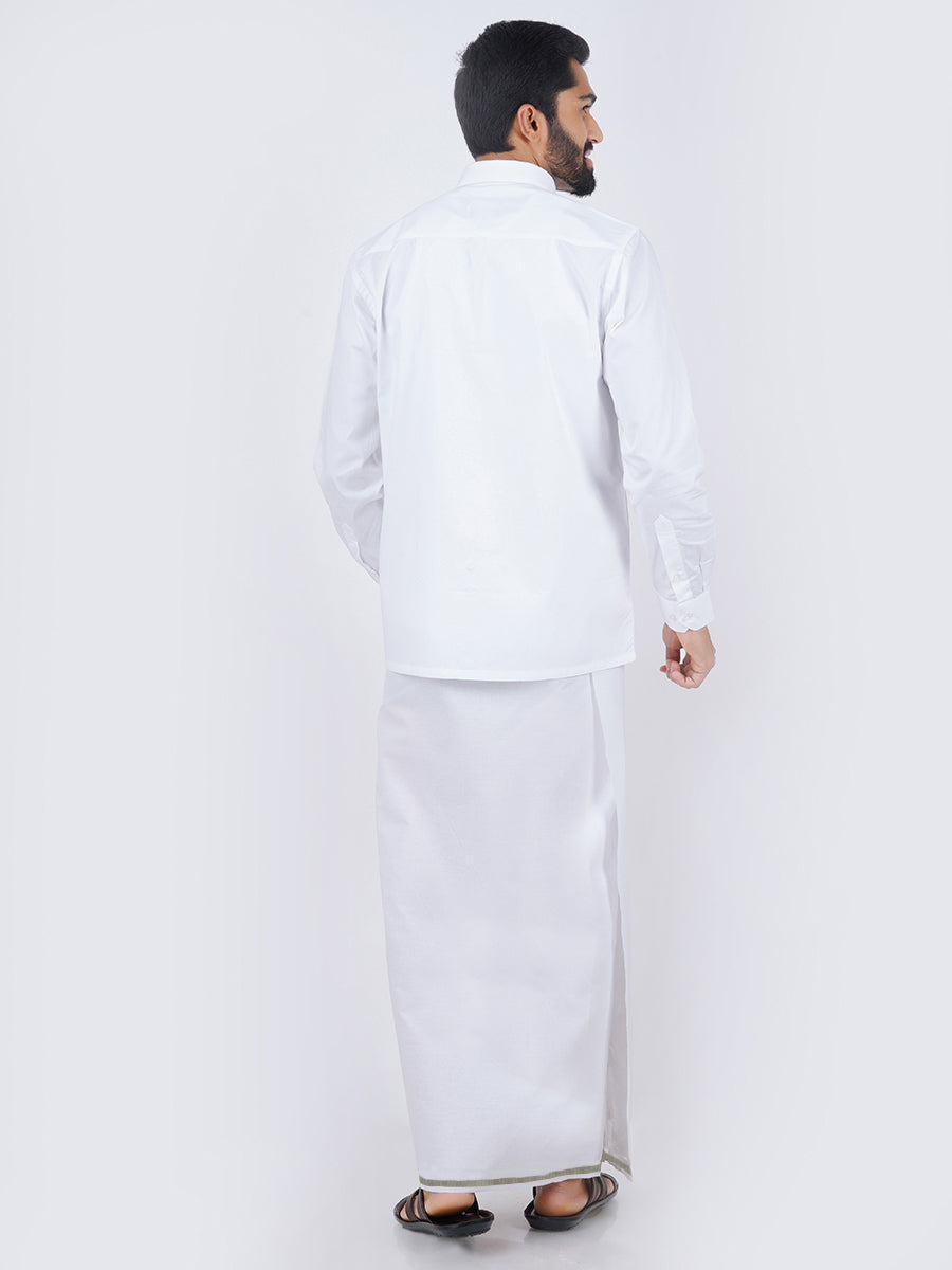 Mens Cotton White Full Sleeve Shirt with Silver Jari 1/2" Dhoti Combo Silvertone-Back view